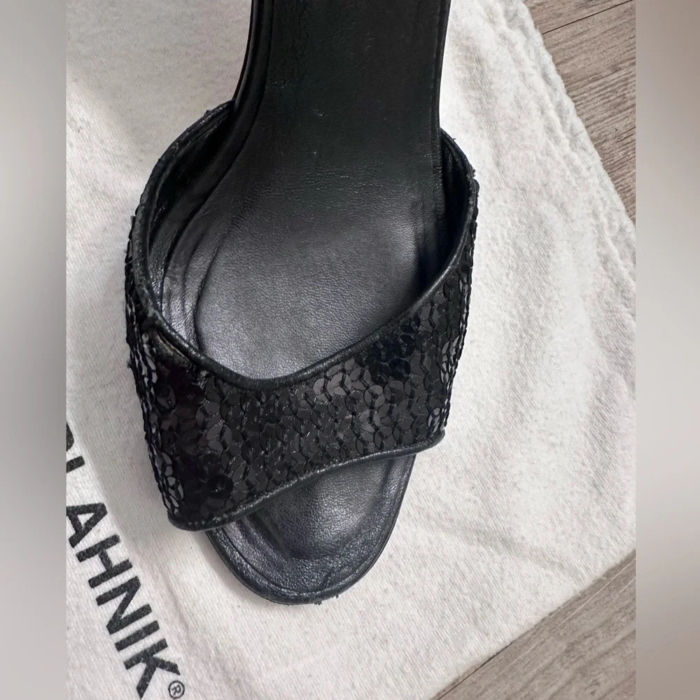 Manolo Blahnik Caldo Sequined Black Ankle Strap Peep Toe Stiletto Heels